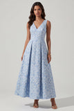 Robe Midi Jacquard bleue à col en V et froncée A Line