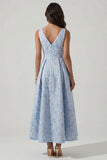 Robe Midi Jacquard bleue à col en V et froncée A Line