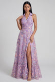 Robe midi sans manches à encolure en V appliquée à fleur lilas A Line avec fente