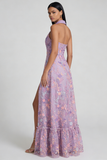Robe midi sans manches à encolure en V appliquée à fleur lilas A Line avec fente