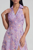 Robe midi sans manches à encolure en V appliquée à fleur lilas A Line avec fente