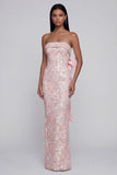 Robe d'invitée de mariage midi rose sans bretelles nœud papillon avec fente arrière