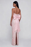 Robe d'invitée de mariage midi rose sans bretelles nœud papillon avec fente arrière