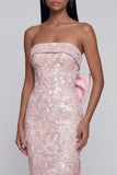 Robe d'invitée de mariage midi rose sans bretelles nœud papillon avec fente arrière