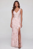 Robe midi rose scintillante à col en V appliqué et fourreau avec fente