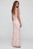Robe midi rose scintillante à col en V appliqué et fourreau avec fente