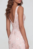 Robe midi rose scintillante à col en V appliqué et fourreau avec fente