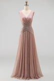 Robe Longue de Cérémonie Plissée Vieux Rose Col V