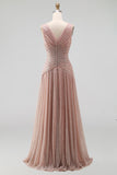Robe Longue de Cérémonie Plissée Vieux Rose Col V