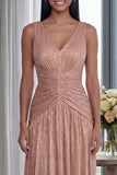 Rouge rose poussiéreuse à col en V : longue robe formelle plissée
