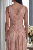 Rouge rose poussiéreuse à col en V : longue robe formelle plissée
