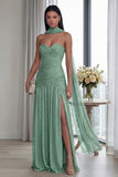 Robe formelle longue plissée Sage poussiéreuse sans buses, A Line