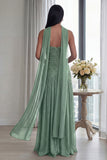 Robe formelle longue plissée Sage poussiéreuse sans buses, A Line