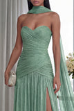 Robe formelle longue plissée Sage poussiéreuse sans buses, A Line