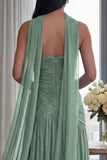 Robe formelle longue plissée Sage poussiéreuse sans buses, A Line