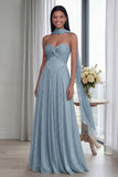 Robe formelle longue plissée Bleu ciel sans bustier A Line Longue et ruban