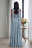Robe formelle longue plissée Bleu ciel sans bustier A Line Longue et ruban
