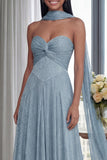 Robe formelle longue plissée Bleu ciel sans bustier A Line Longue et ruban