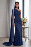 Bleu marine à étui unique à épaule longue, robe formelle longue et froncée avec ruban