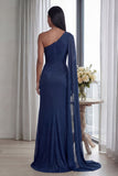 Bleu marine à étui unique à épaule longue, robe formelle longue et froncée avec ruban