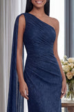 Bleu marine à étui unique à épaule longue, robe formelle longue et froncée avec ruban