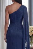 Bleu marine à étui unique à épaule longue, robe formelle longue et froncée avec ruban