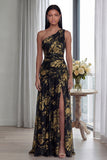 Robe d'invitée de mariage longue dorée à une épaule plissée avec fente