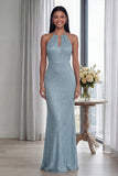 Robe longue de cérémonie à dos nus bleu ciel scintillante