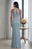 Robe longue de cérémonie à dos nus bleu ciel scintillante