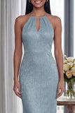 Robe longue de cérémonie à dos nus bleu ciel scintillante