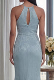 Robe longue de cérémonie à dos nus bleu ciel scintillante