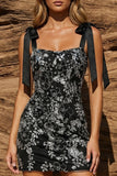 Robe cocktail bodycon noir à larges bretelles avec perles