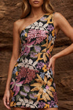 Robe cocktail bodycon noire à une épaule scintillante avec des sequins
