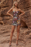 Robe cocktail à sequins bodycon, noire scintillante et courtoise avec nœud
