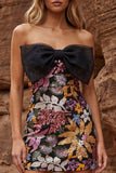Robe cocktail à sequins bodycon, noire scintillante et courtoise avec nœud
