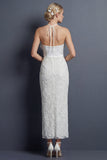 Robe de mariée blanche longue à dos nus fourreau avec volants