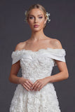 Robe de mariée blanche A Line, longue sur les épaules avec des fleurs 3D