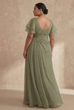 Une robe marin de mariée à large taille Sage poussiéreuse avec des manches à volants