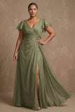 Robe Mère de la Mariée Sage Taille Longue Taille Poussiéreuse Taille Plus A Manches Froncées
