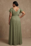 Robe Mère de la Mariée Sage Taille Longue Taille Poussiéreuse Taille Plus A Manches Froncées