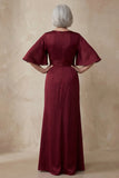 Robe de mère de la mariée en satin rouge à col rond et manches demi-manches