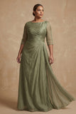 Robe de mère de la mariée à larges manches en fronçons poussiéreux Sage