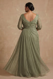 Robe de mère de la mariée à larges manches en fronçons poussiéreux Sage