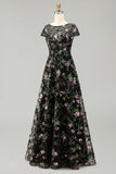 Robe noire longue maman de la mariée à col rond fleuri à col rond avec paillettes