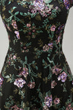 Robe noire longue maman de la mariée à col rond fleuri à col rond avec paillettes