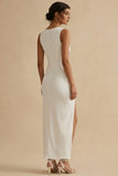 Robe blanche à col rond midi avec fente