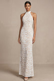 Leely Women White Lace Floral Mermaid Long Wedding Reception Dress Embroidered Halter Neck Engagement Dress