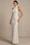 Robe longue de réception de mariage en dentelle blanche à fleurs de sirène