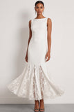 Robe de réception de mariage Maxi à col rond en sirène blanche avec dentelle