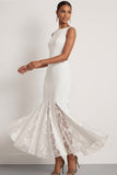 Robe de réception de mariage Maxi à col rond en sirène blanche avec dentelle